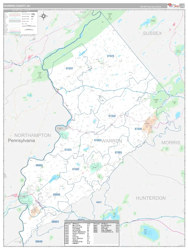Warren County, NJ ZIP Code Wall Map, Classic style