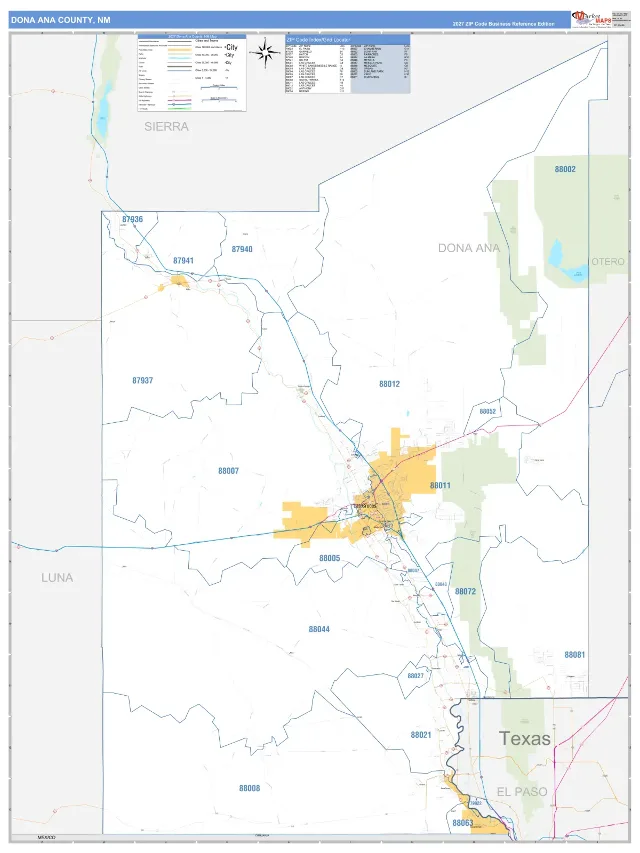 Dona Ana County, NM ZIP Code Wall Map, Business Reference style