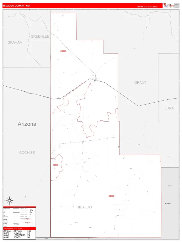 Hidalgo County, NM ZIP Code Wall Map, RedLine style