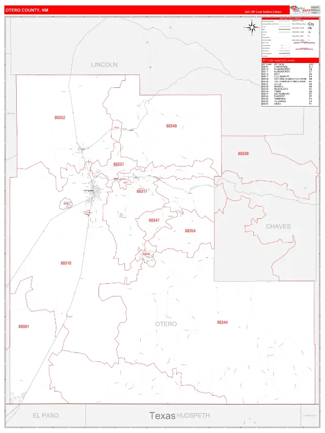 Otero County, NM ZIP Code Wall Map, RedLine style