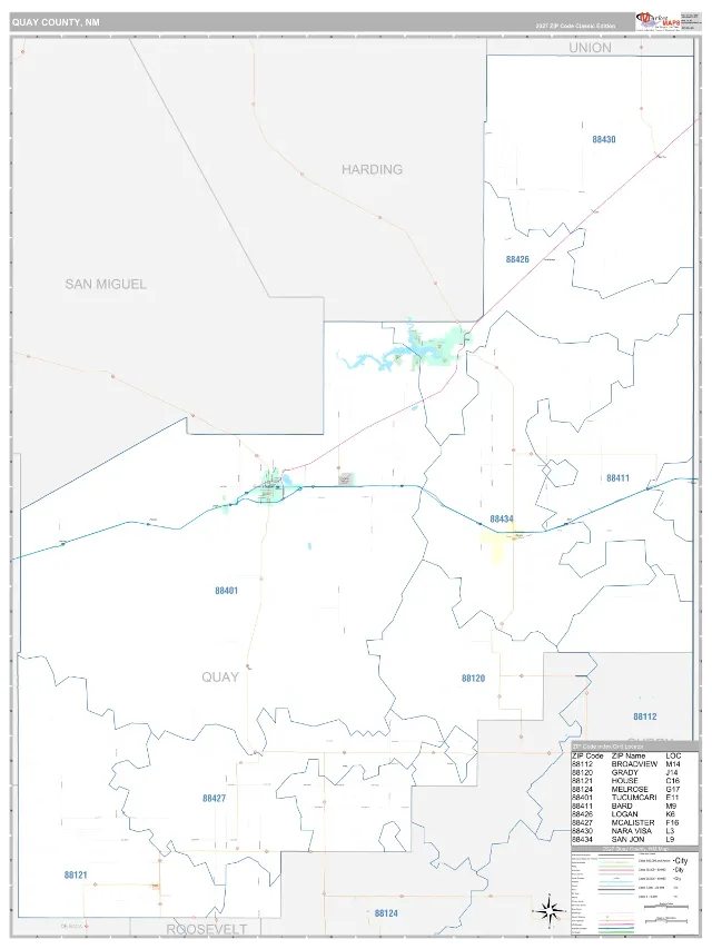 Quay County, NM ZIP Code Wall Map, Classic style