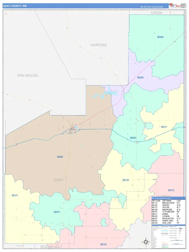 Quay County, NM ZIP Code Wall Map, ColorCast style