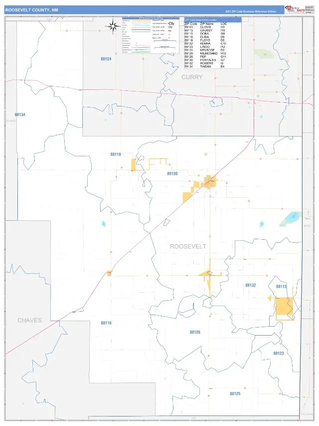 Roosevelt County, NM ZIP Code Wall Map, Business Reference style