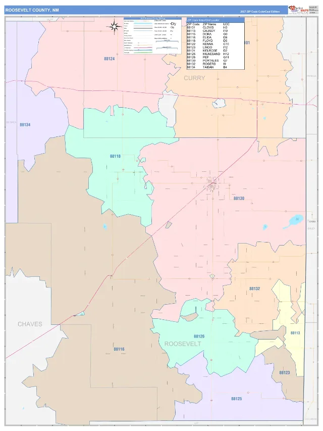 Roosevelt County, NM ZIP Code Wall Map, ColorCast style