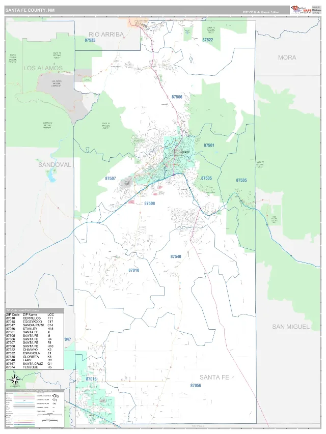 Santa Fe County, NM ZIP Code Wall Map, Classic style