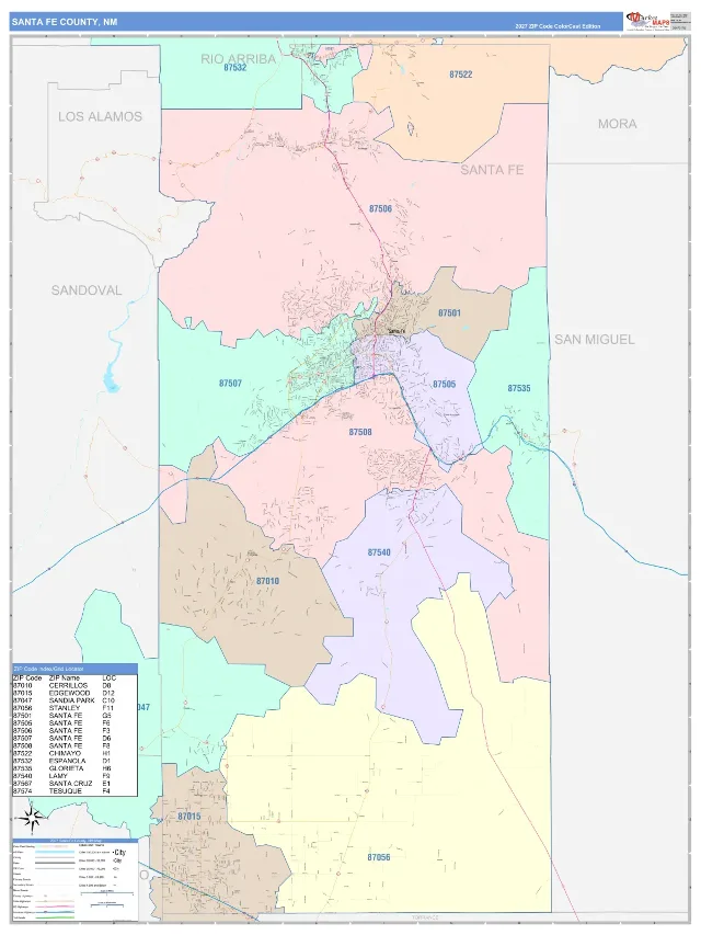 Santa Fe County, NM ZIP Code Wall Map, ColorCast style