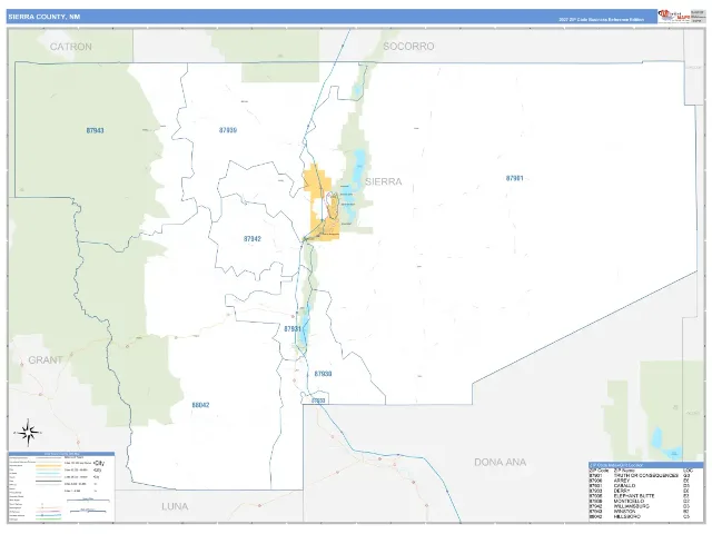 Sierra County, NM ZIP Code Wall Map, Business Reference style