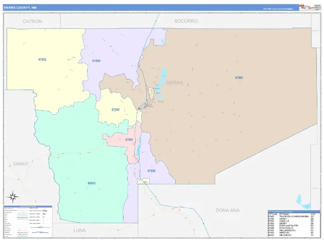 Sierra County, NM ZIP Code Wall Map, ColorCast style