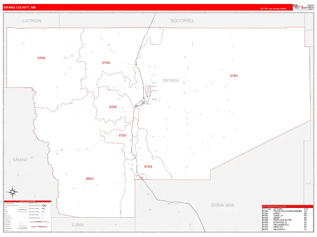 Sierra County, NM ZIP Code Wall Map, RedLine style