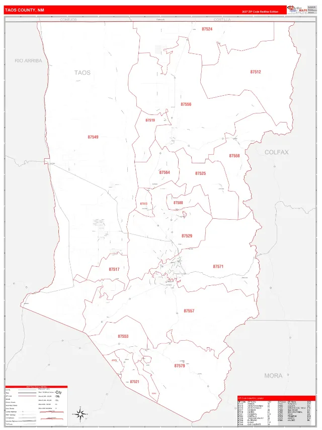 Taos County, NM ZIP Code Wall Map, RedLine style