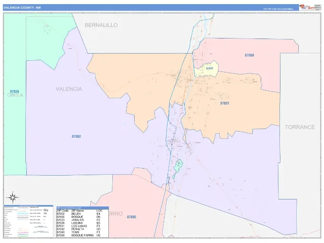 Valencia County, NM ZIP Code Wall Map, ColorCast style