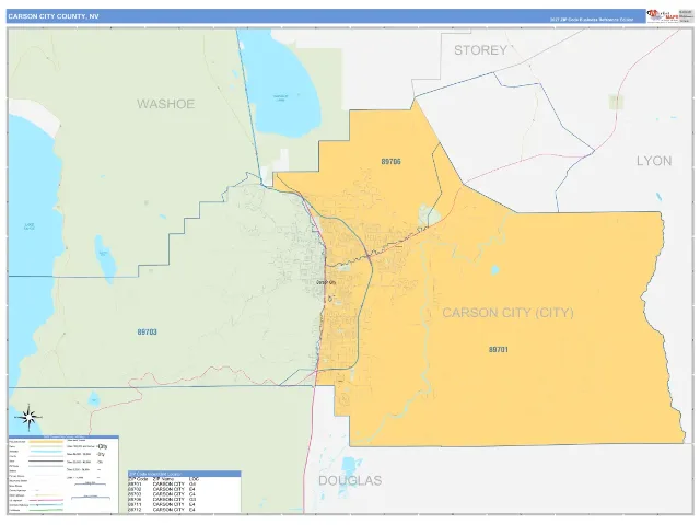Carson City County, NV ZIP Code Wall Map, Business Reference style