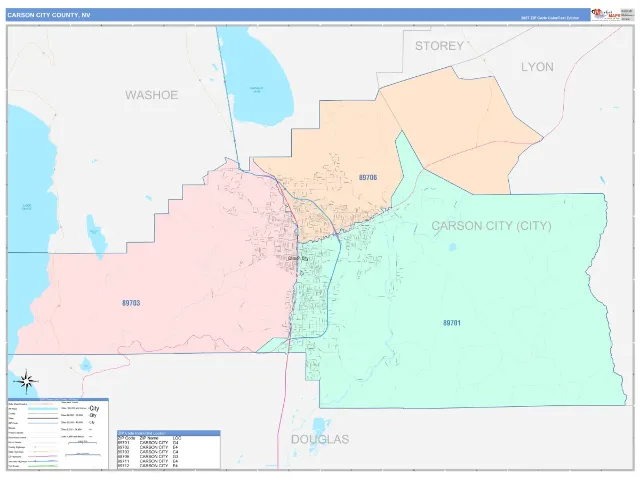 Carson City County, NV ZIP Code Wall Map, ColorCast style