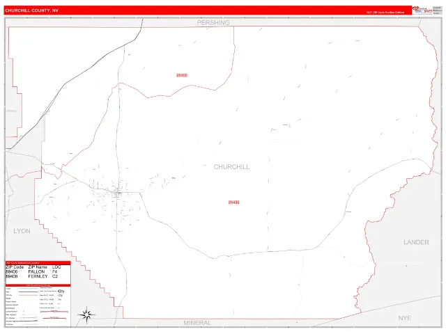Churchill County, NV ZIP Code Wall Map, RedLine style