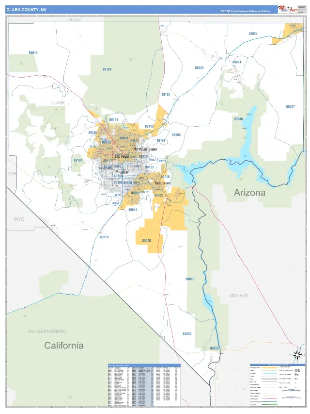 Clark County, NV ZIP Code Wall Map, Business Reference style