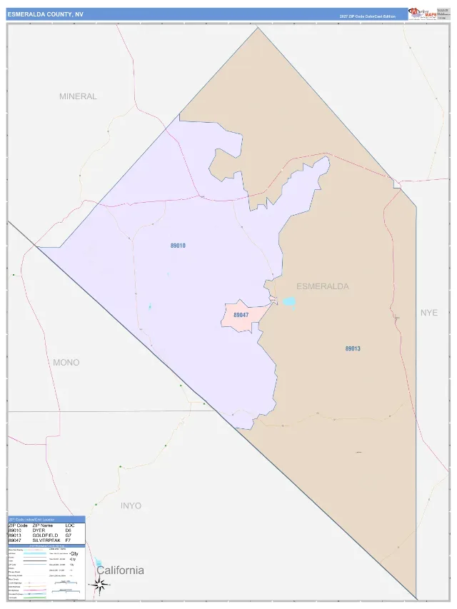 Esmeralda County, NV ZIP Code Wall Map, ColorCast style