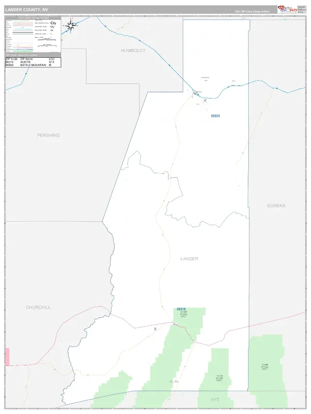 Lander County, NV ZIP Code Wall Map, Classic style