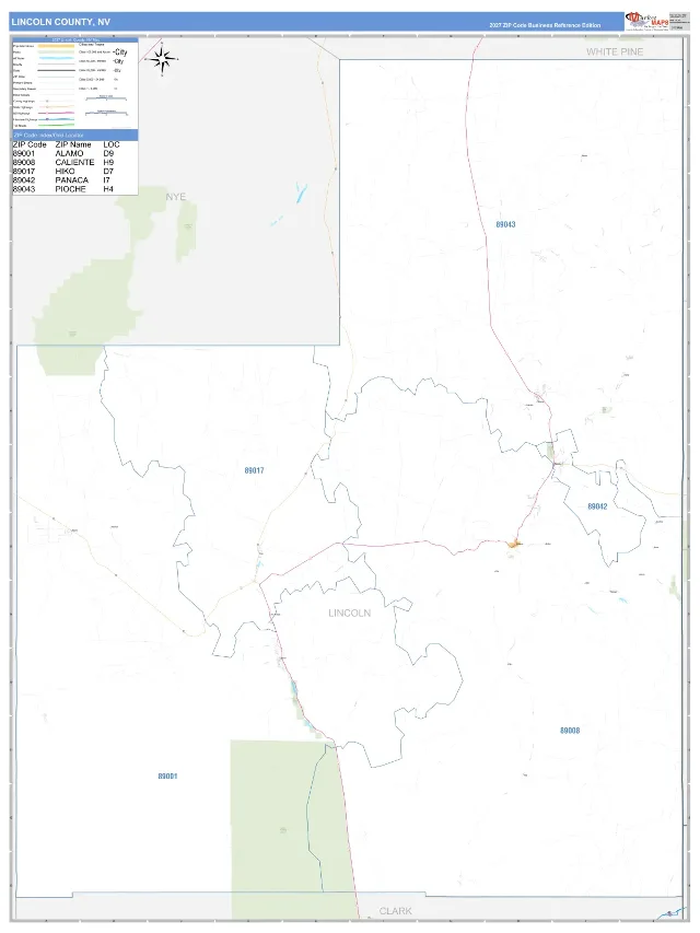 Lincoln County, NV ZIP Code Wall Map, Business Reference style