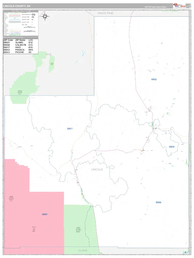 Lincoln County, NV ZIP Code Wall Map, Classic style