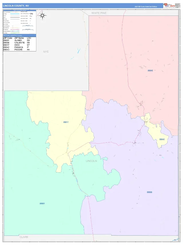 Lincoln County, NV ZIP Code Wall Map, ColorCast style