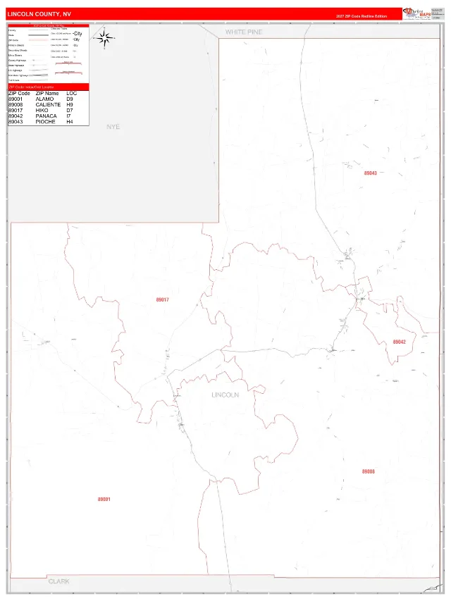 Lincoln County, NV ZIP Code Wall Map, RedLine style