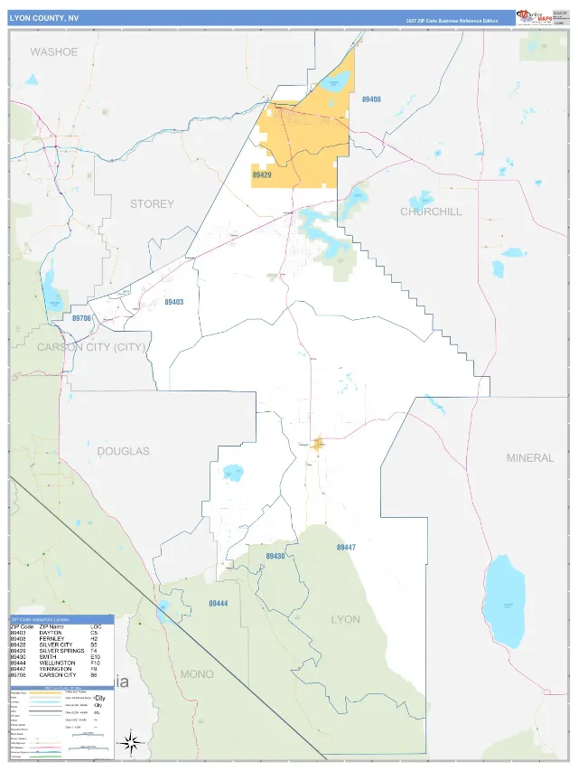 Lyon County, NV ZIP Code Wall Map, Business Reference style
