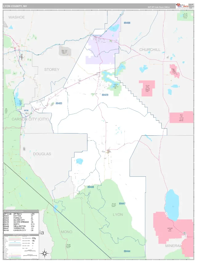 Lyon County, NV ZIP Code Wall Map, Classic style