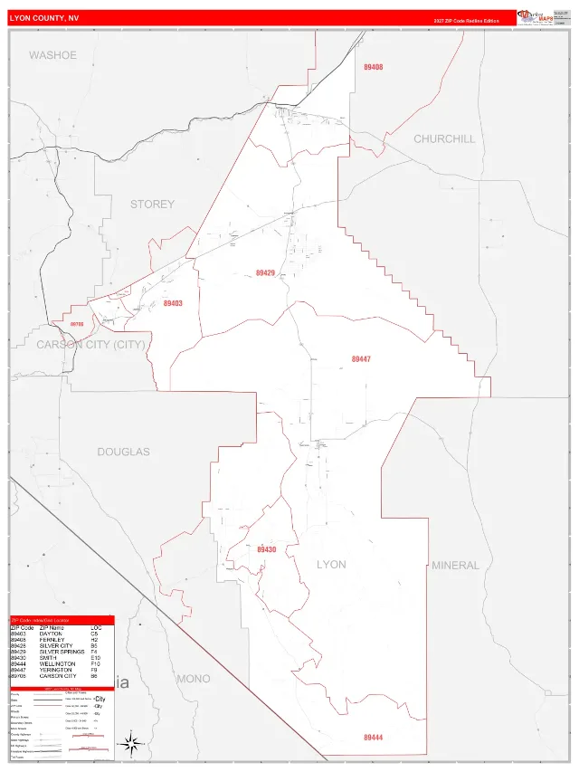 Lyon County, NV ZIP Code Wall Map, RedLine style
