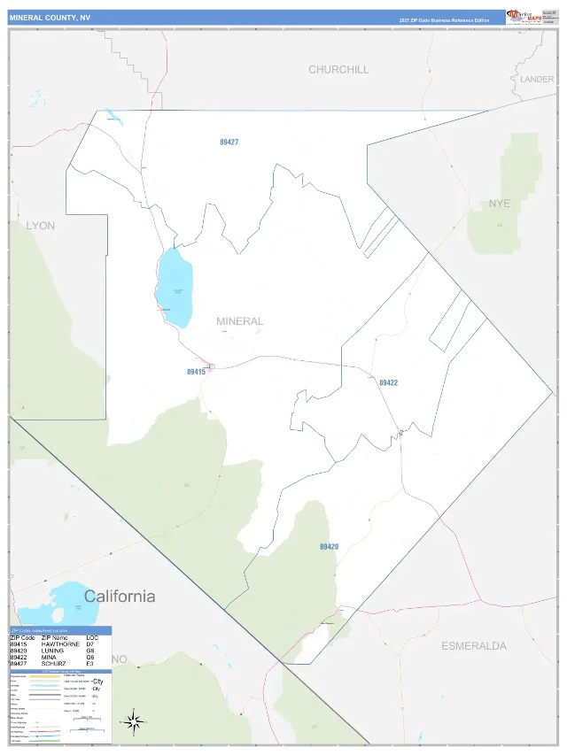 Mineral County, NV ZIP Code Wall Map, Business Reference style