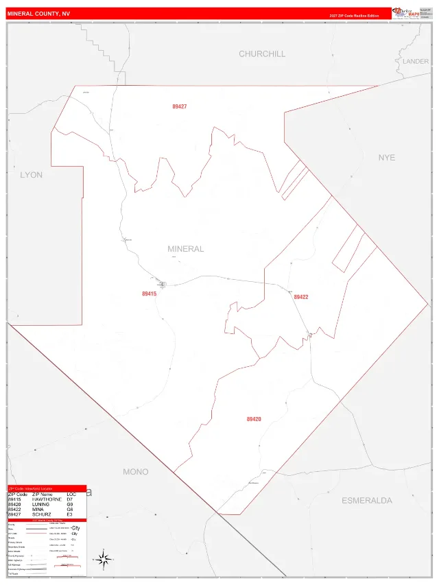 Mineral County, NV ZIP Code Wall Map, RedLine style