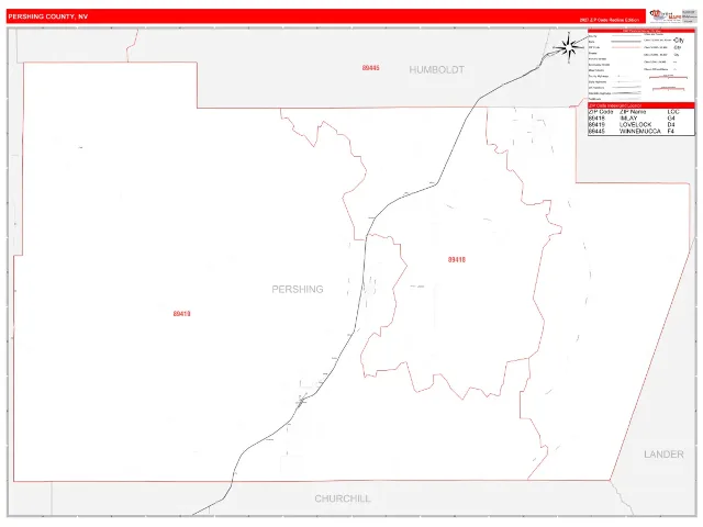 Pershing County, NV ZIP Code Wall Map, RedLine style