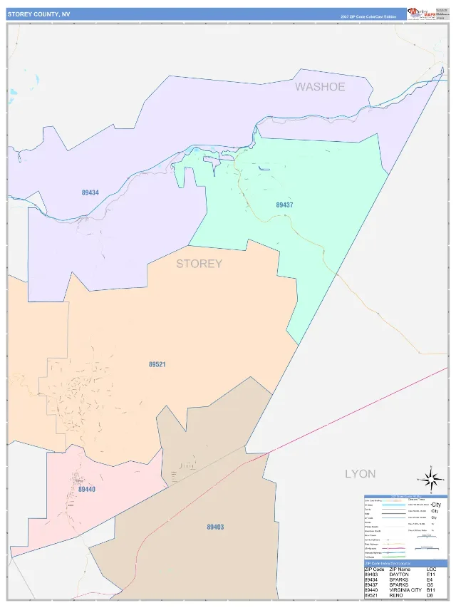 Storey County, NV ZIP Code Wall Map, ColorCast style