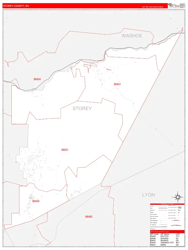 Storey County, NV ZIP Code Wall Map, RedLine style