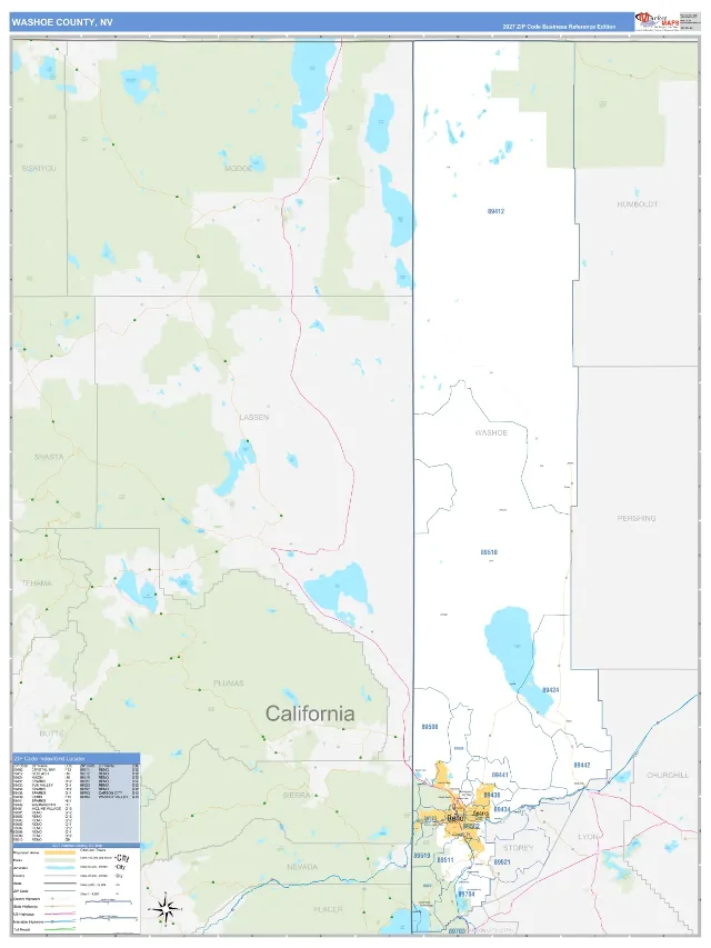Washoe County, NV ZIP Code Wall Map, Business Reference style