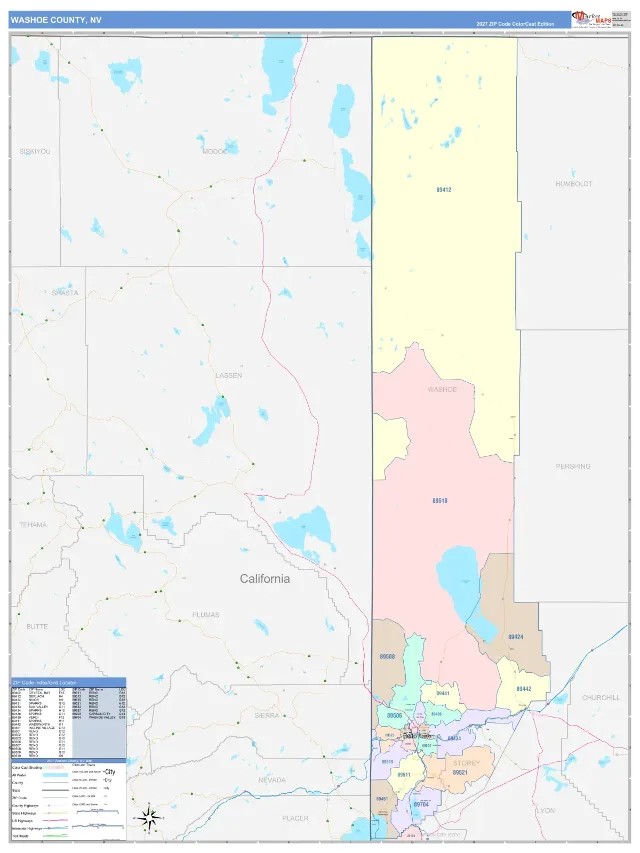 Washoe County, NV ZIP Code Wall Map, ColorCast style