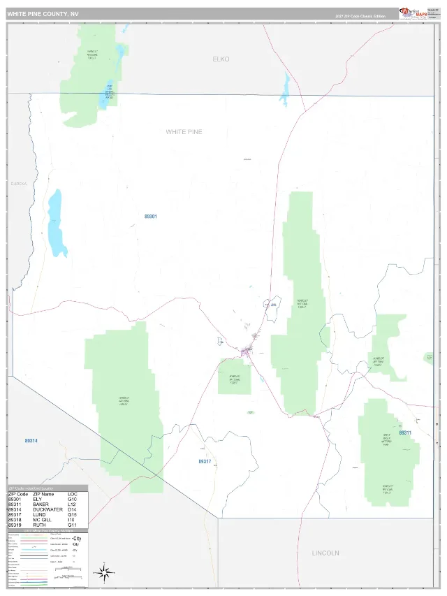White Pine County, NV ZIP Code Wall Map, Classic style