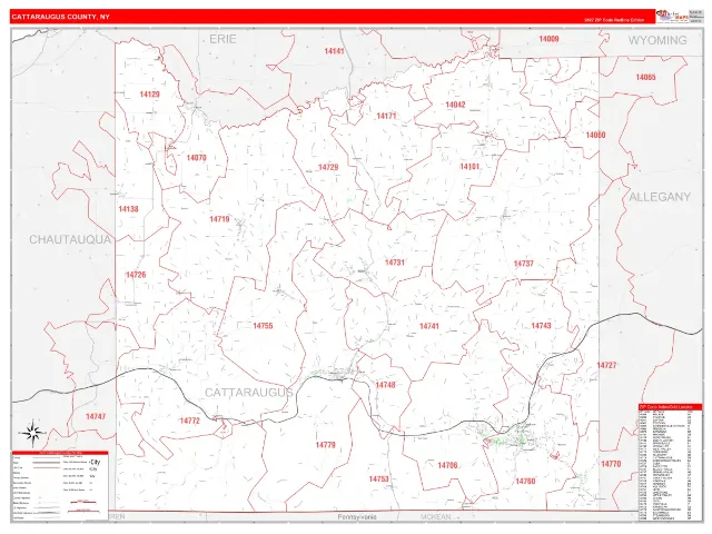 Cattaraugus County, NY ZIP Code Wall Map, RedLine style