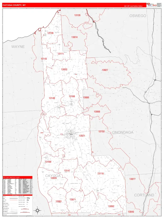 Cayuga County, NY ZIP Code Wall Map, RedLine style