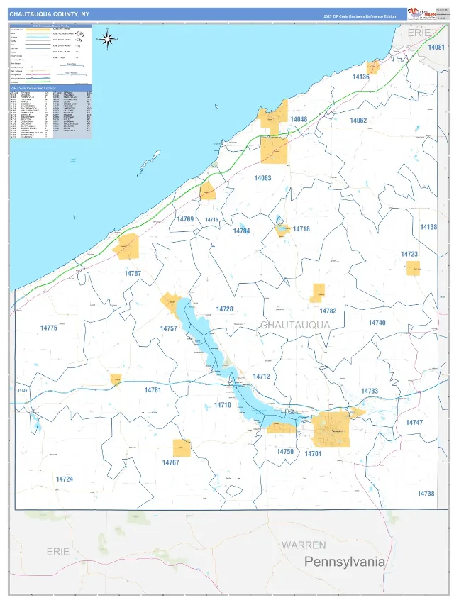 Chautauqua County, NY ZIP Code Wall Map, Business Reference style