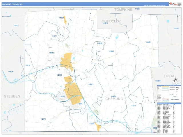 Chemung County, NY ZIP Code Wall Map, Business Reference style