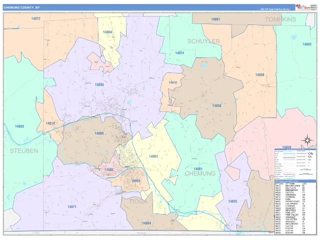 Chemung County, NY ZIP Code Wall Map, ColorCast style