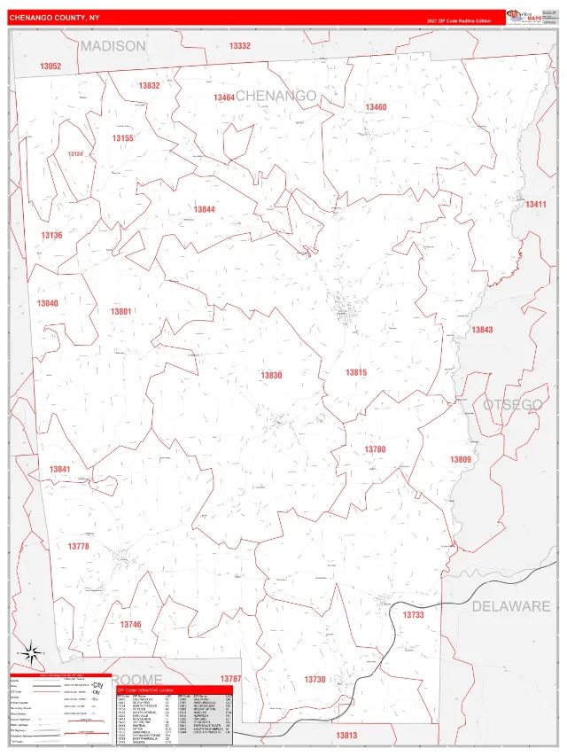Chenango County, NY ZIP Code Wall Map, RedLine style
