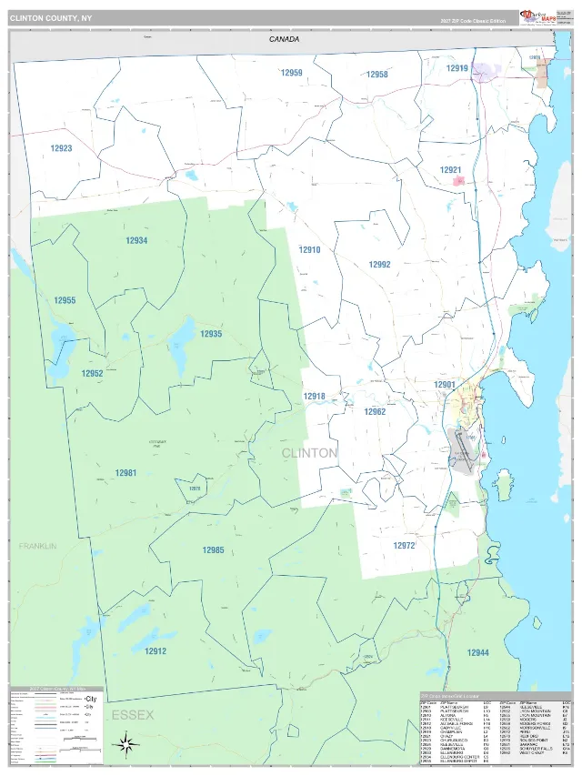 Clinton County, NY ZIP Code Wall Map, Classic style