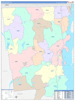 Clinton County, NY ColorCast style ZIP Code wall map