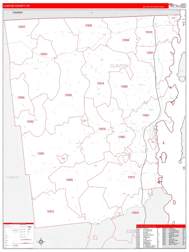 Clinton County, NY ZIP Code Wall Map, RedLine style