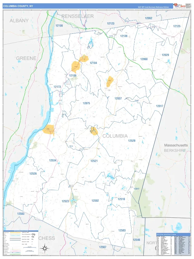 Columbia County, NY ZIP Code Wall Map, Business Reference style