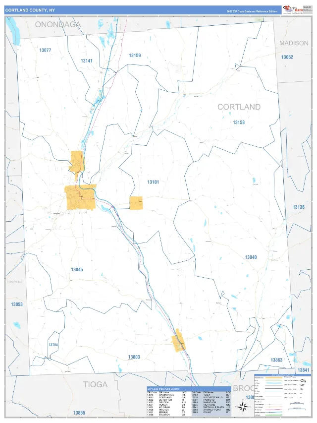 Cortland County, NY ZIP Code Wall Map, Business Reference style