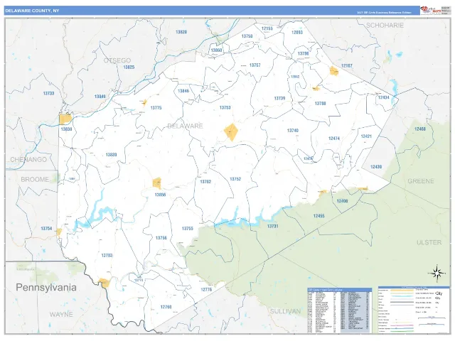 Delaware County, NY ZIP Code Wall Map, Business Reference style