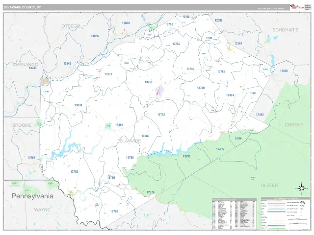 Delaware County, NY ZIP Code Wall Map, Classic style