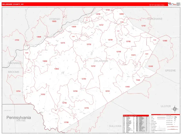 Delaware County, NY ZIP Code Wall Map, RedLine style